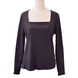 Candace Cameron Bure Long Sleeve Black Ribbed Square Neck Blouse Size M